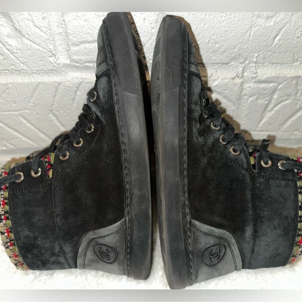 Chanel 15A Suede Leather Tweed High Top Black Sneakers Size 37
